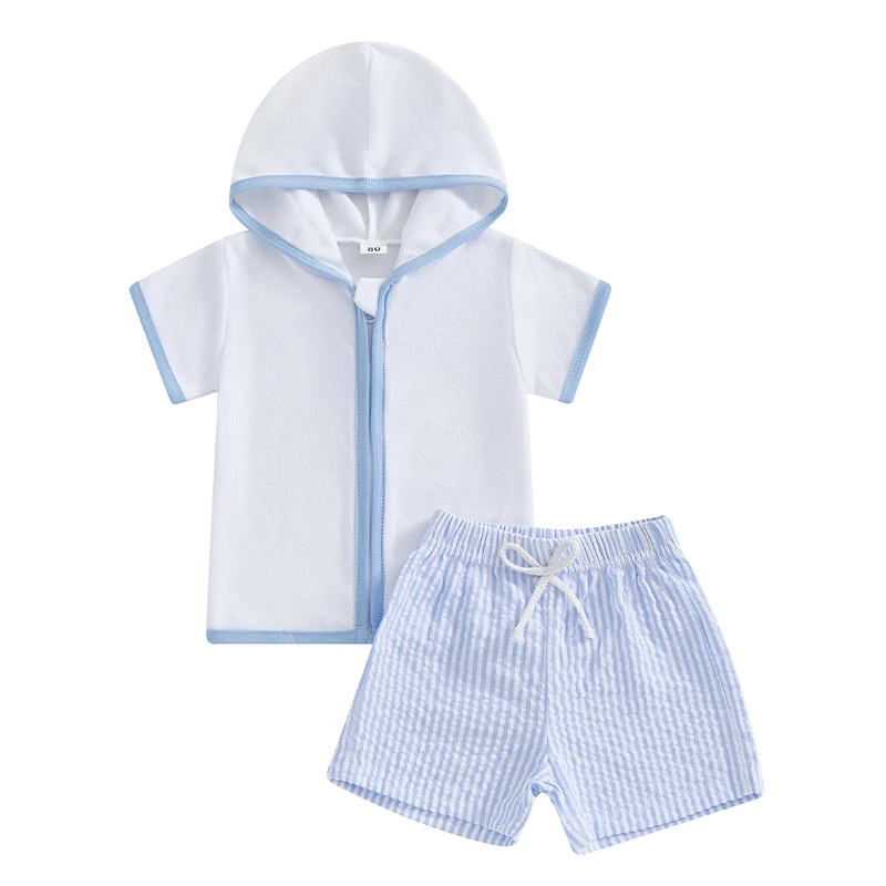 1-5T Toddler Baby Boy Girl Swim Cover Up Towel Terry Zipper Hooded Tops Seersucker Shorts Set Beach Bathing Suit Coverup