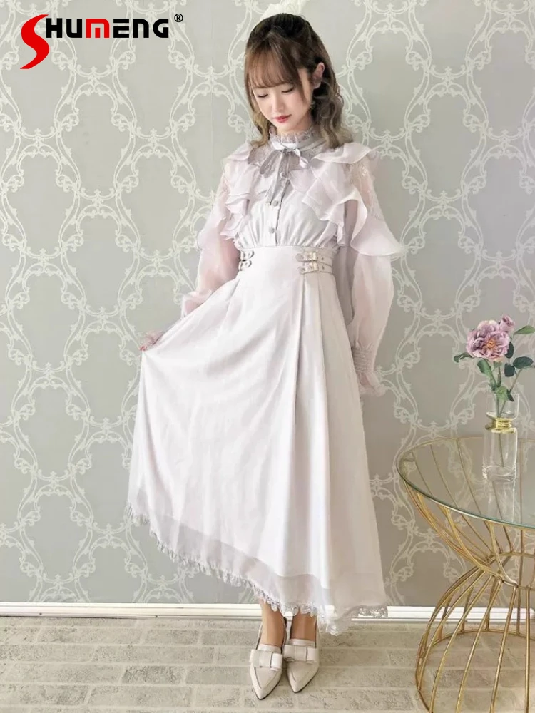

2025 New Sweet Cute Bow Lace Edge Long Sleeve Dress Girls Women Japanese Mine Mass-Produced Mesh Patchwork Lolita Long Dress