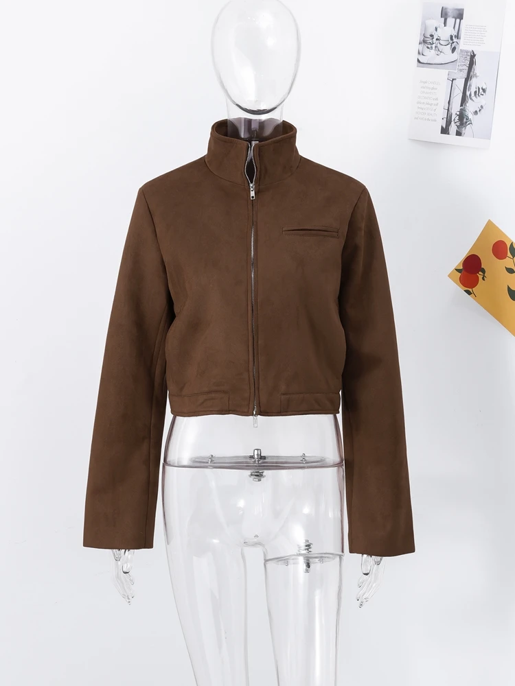 

Casual Solid Zipper Cropped Suede Jacket Women Chic Stand Full Sleeve Pocket Loose Coat Autumn Lady Highstreet Commute Outerwear