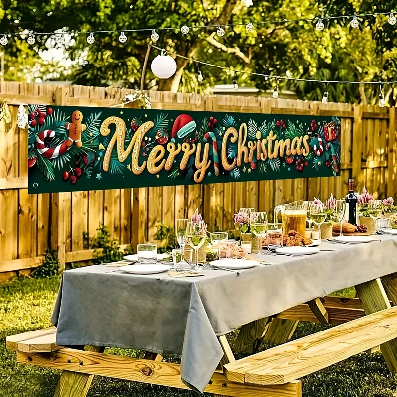 Christmas Decoration Outdoor Yard Fence Banner Sign Merry Christmas Gingerbread Man Wreath Yard Fence Banner Signs Party Decor