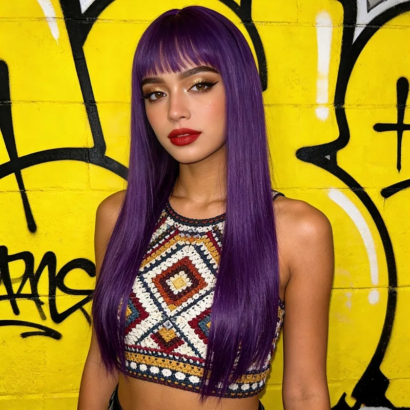 European and American style women's wig, purple long straight hair with air bangs, full head wig