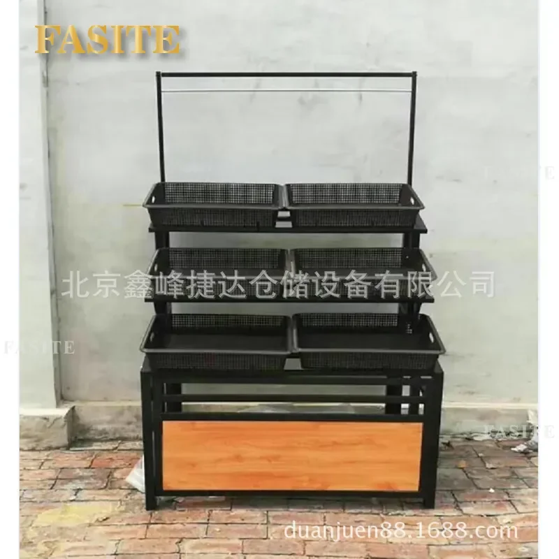 For Supermarket Vegetable Fruit Shelves Frosted Gray Steel Wood Structure Display Rack Fresh Produce Storage Container