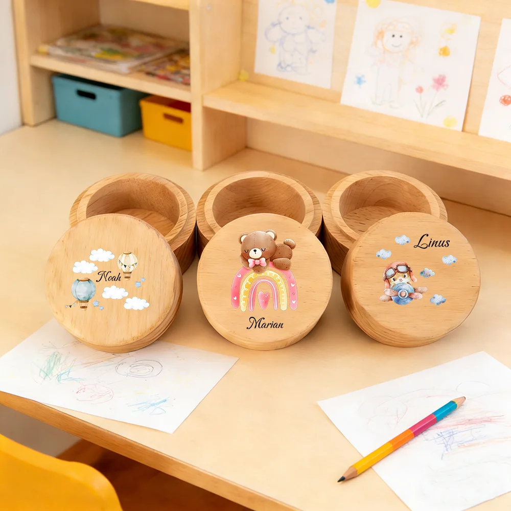 Personalized Wooden Teeth Storage Box Customizable Names and Cute Animal Pattern Design, Perfect for Showering, Birthday Gifts