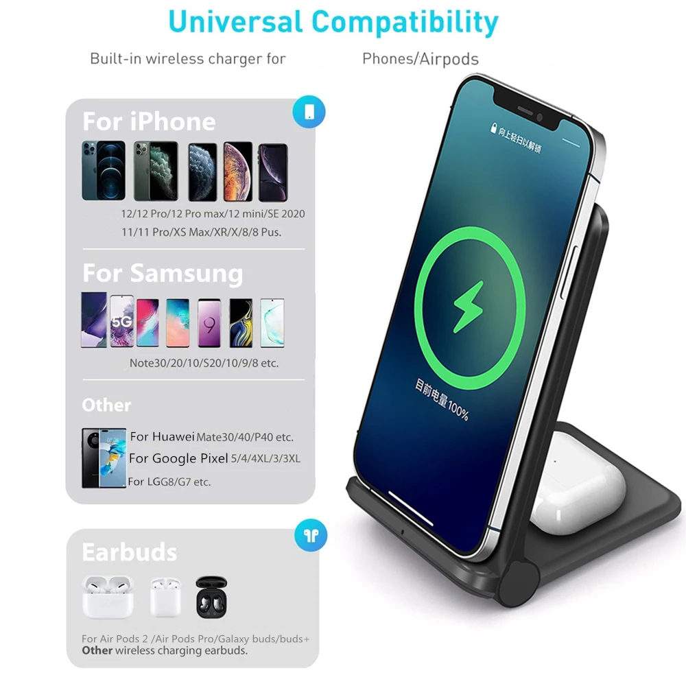 2 in 1 Wireless Charger For iPhone 15 14 13 12 11 8 X XR Airpods 3 Pro 25W Fast Charging Foldable Stand Pad for Samsung S23 S22