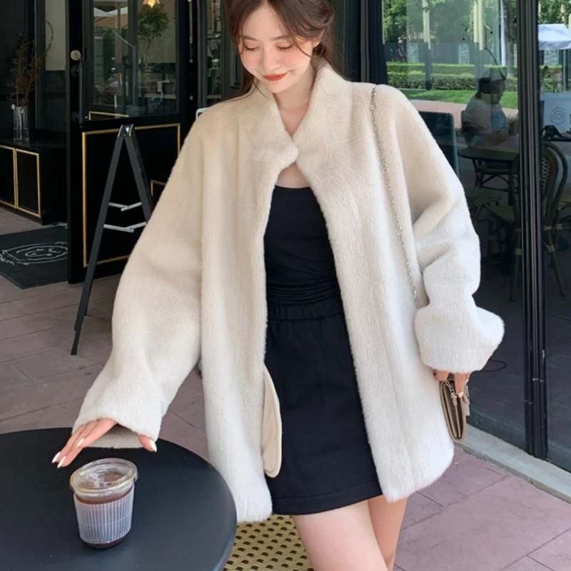 2023 Autumn Winter New Standing Collar Long High Grade Languid Wind Mink Plush Environmental Protection Imitate Fur Coat Woman