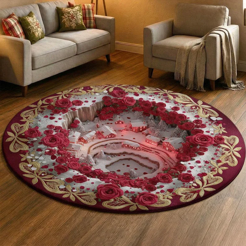 3D Gold Heart Valentine Rug Red Patchwork Floral Carpet Romantic Lace Floor Mat Heart Area Rug Luxury Valentine Home Gift Idea