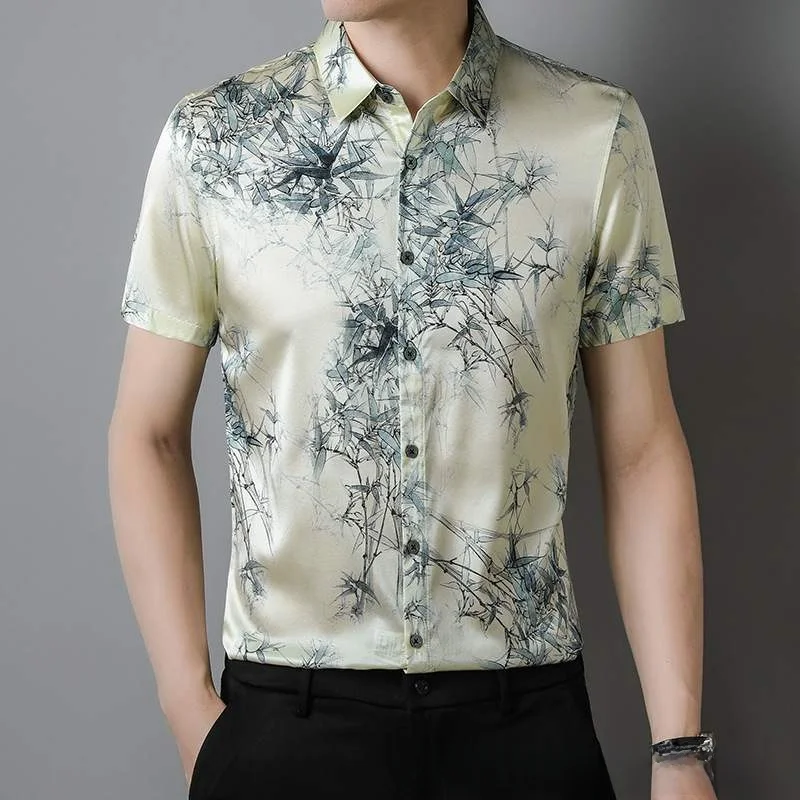 

Новая мужская летняя рубашка с коротким рукавом, повседневная рубашка с тонким воротником в корейском стиле, открытый кардиган свободного кроя с цветочным узором, лето 2024