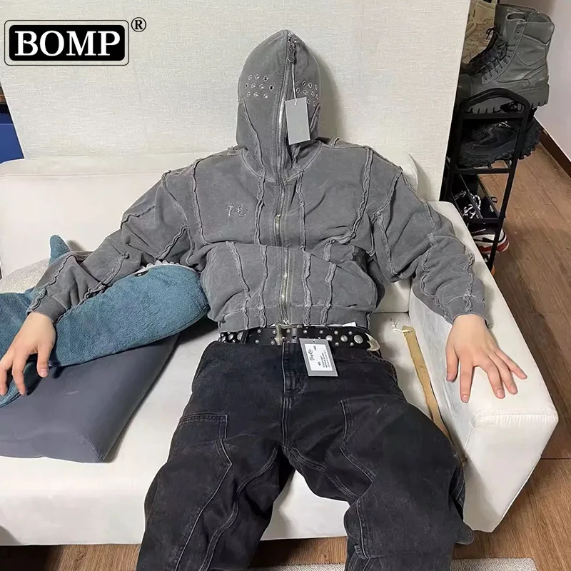 [BOMP] 2024 Autumn Men Washed Zipper Shark Mask Hoodie Damaged Sweatshirt Waste Soil Wind Coat Cardigan Male New Fashion