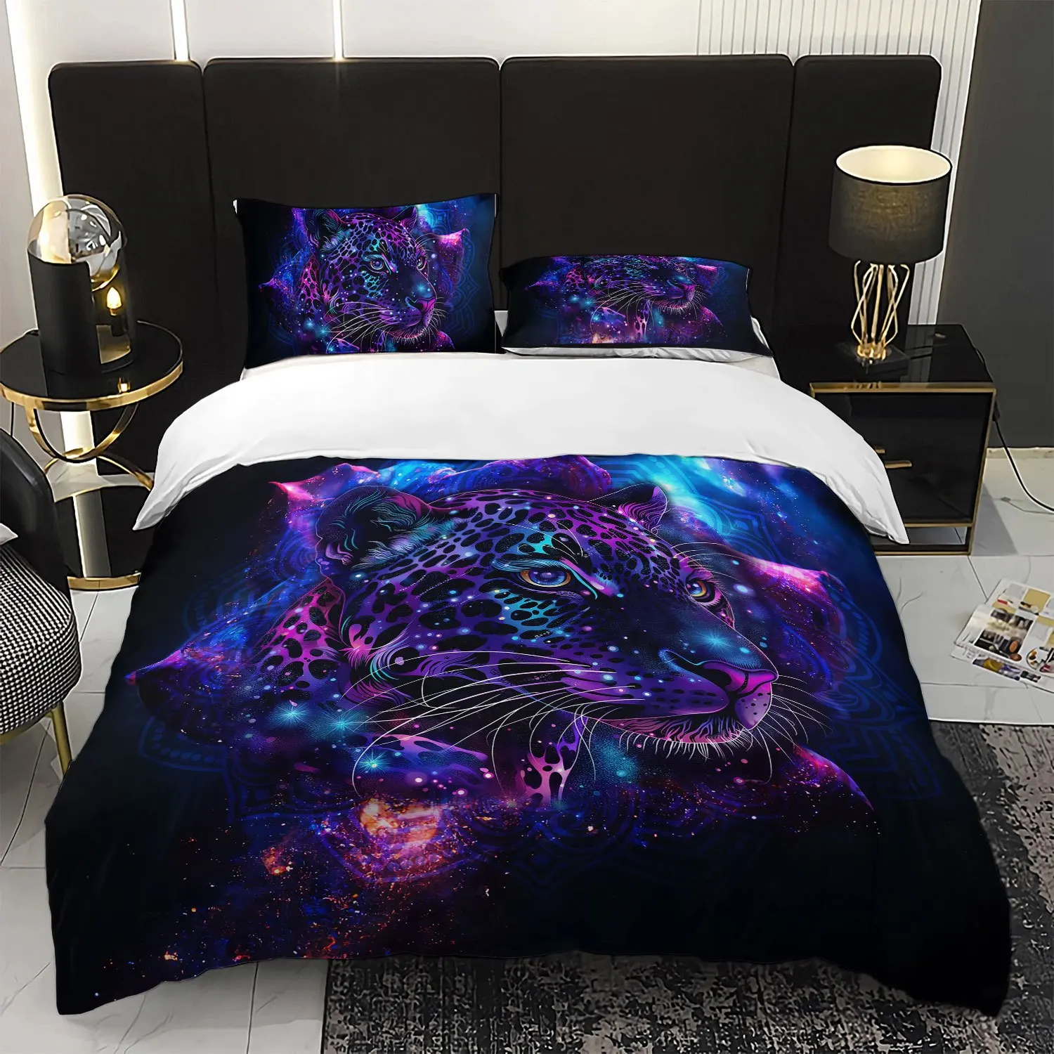 

3pcs for galaxy Neon Jaguar Bedding Duvet Cover Set Bohemian Jaguar Bedding Quilt Set Animal Themed Bed Quilt Set Mystical