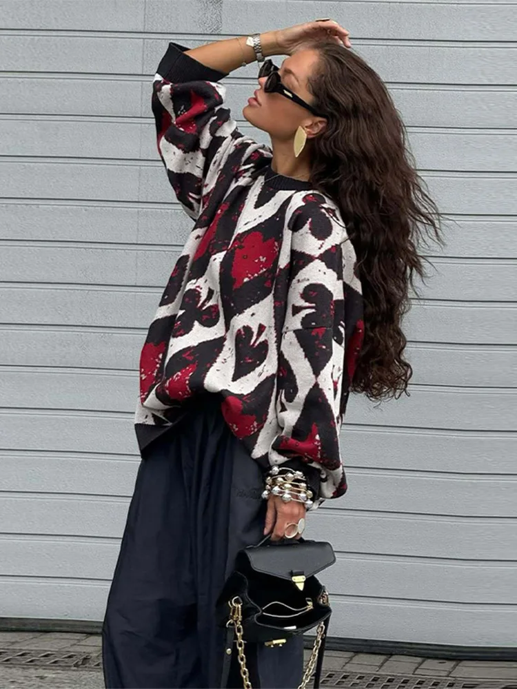 

2025 Autumn Chic Lady Sweater Casual Print Knit Women Pullover Elegant O-neck Long Lantern Sleeve Patchwork Female Knitwear