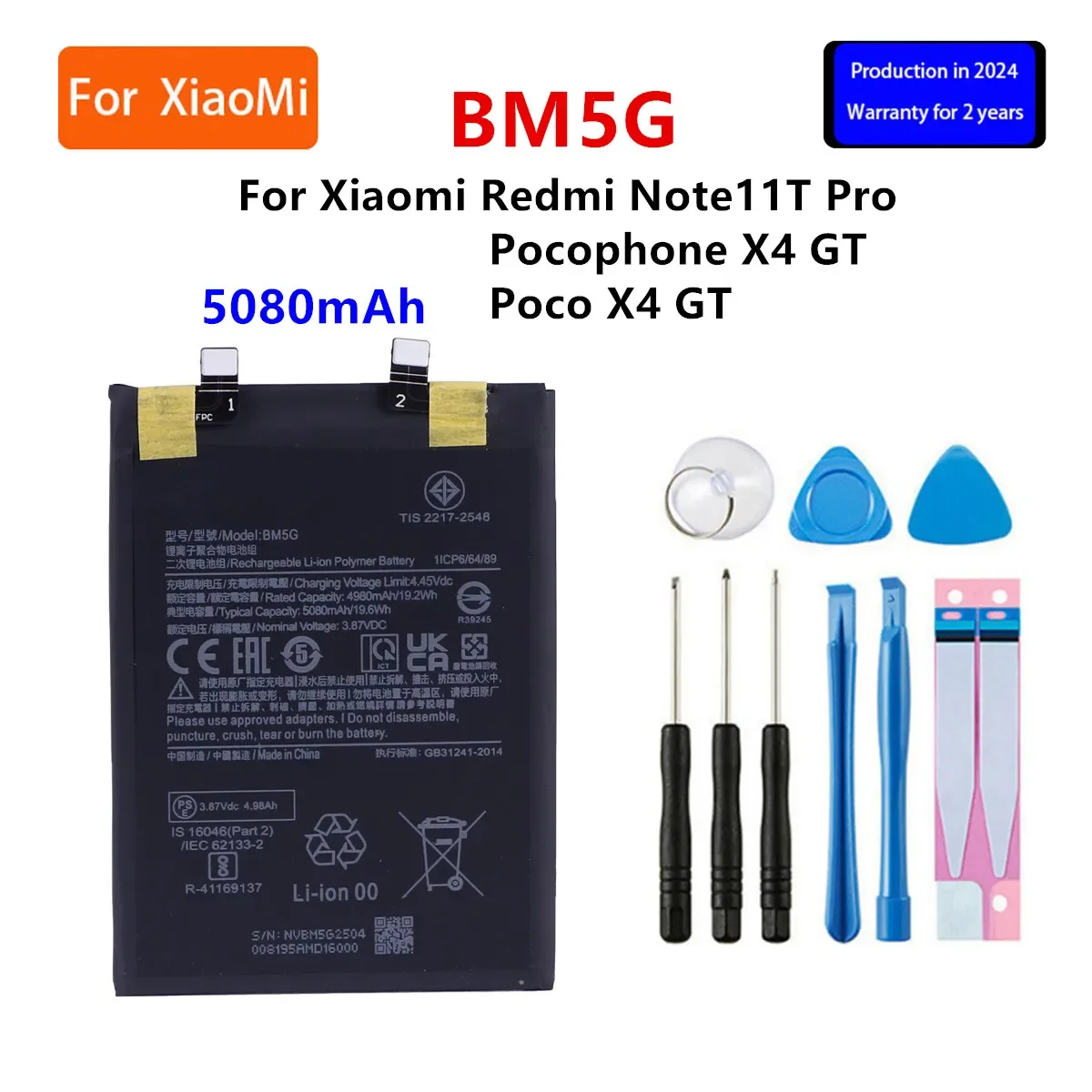 

New years Orginal BM5G 5080mAh Replacement Battery For Xiaomi Redmi Note11T Pro / Pocophone X4 GT / Poco X4 GT Batteries Tools