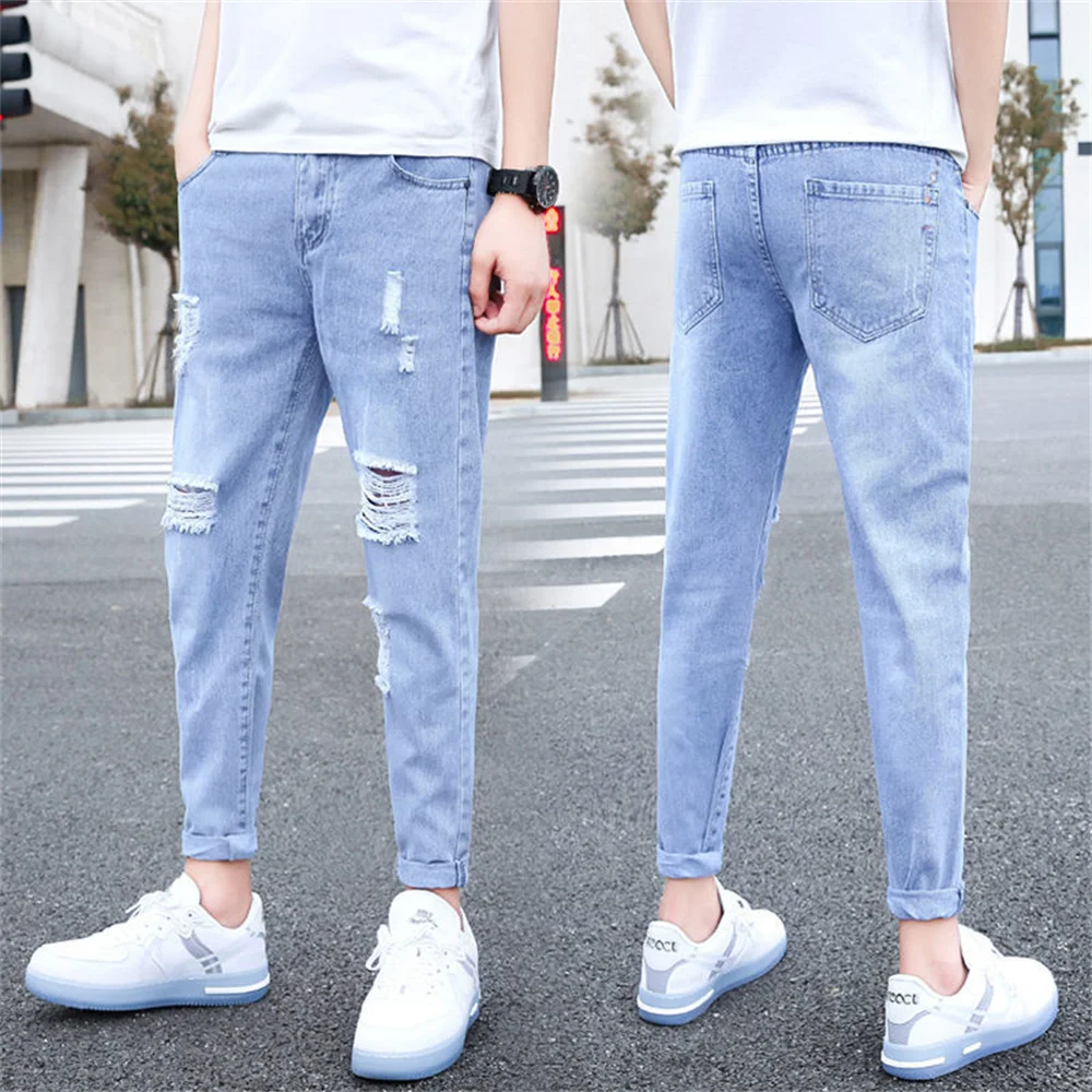 Fashion Streetwar Black Skinny Jeans Men Knee Hole Ripped Stretch Slim Denim Pants Solid Color Elastic Hip Hop Motorcycle jeans