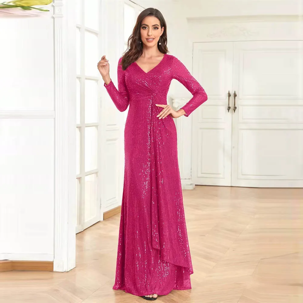 

Customized Luxury Floor Length V-Neck Evening Dresses Women Elegant Party Maxi Sequin Long Sleeves Prom Cocktail Prom Gowns