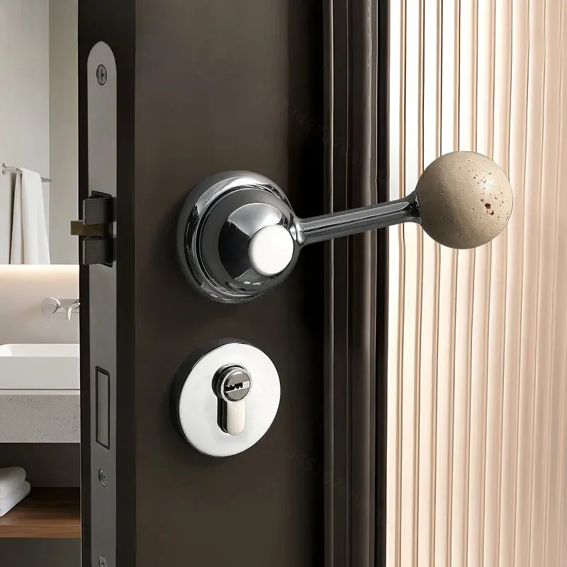 Light Luxury Cave Stone Indoor Door Lock French Creative Bright Chrome Universal Bedroom Office Magnetic Silent Room Door