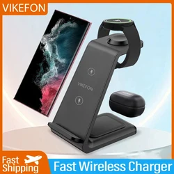 VIKEFON-3 in 1ワイヤレス充電器スタンド、Samsung s24、s23、s22、Watch 8、7、6、5、4、アクティブ1、2、Galaxy buds用の急速充電ステーション