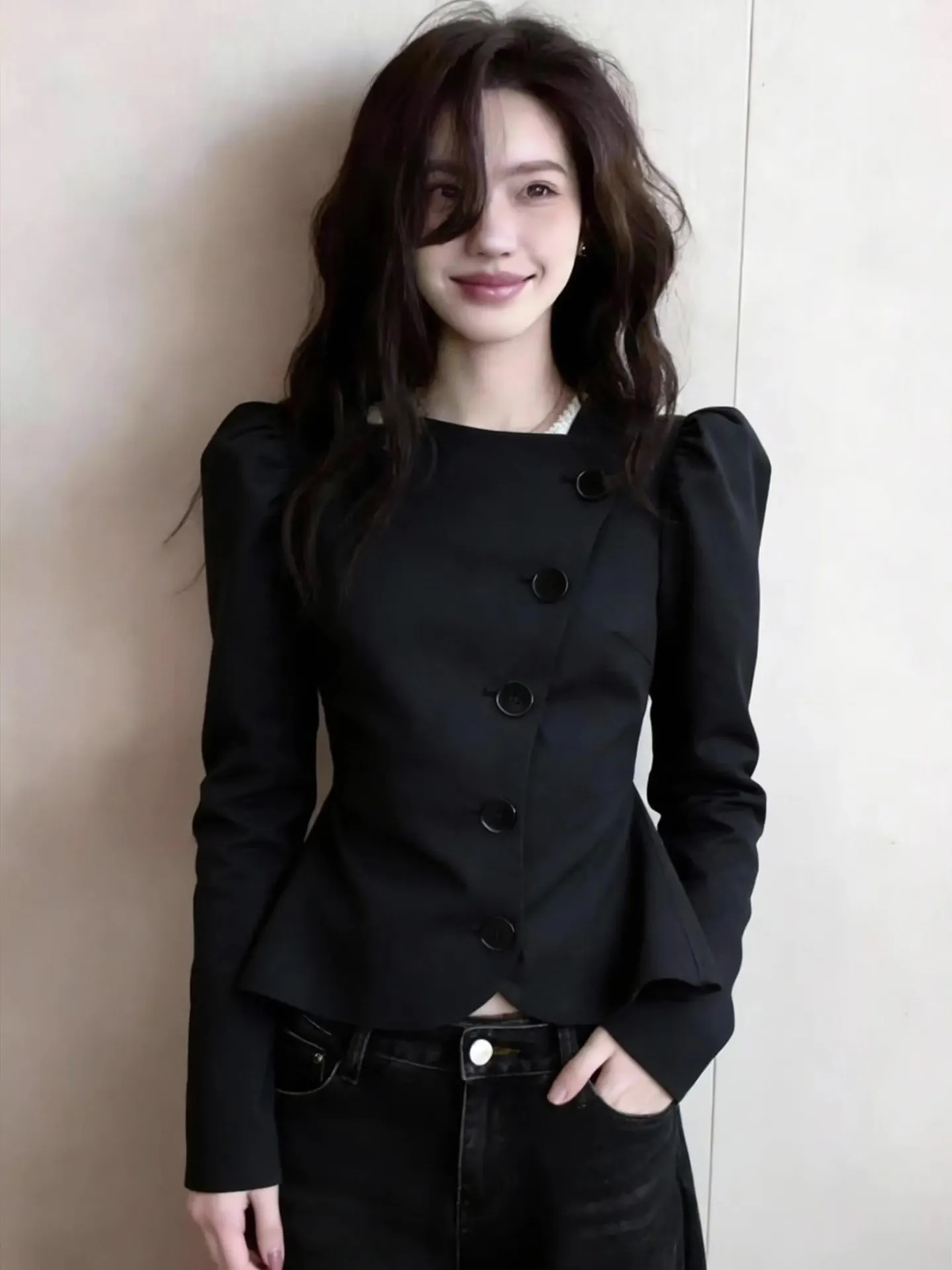

Elegant Black Bubble Sleeve Waist-Cinching Shirt plus Size Slimming Concealing Spring New Women's Fashion Commute Style Shirt