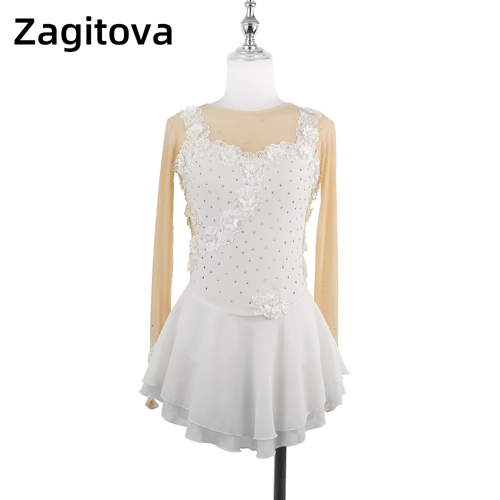 

Zagitova Figure Skating Dress For Women Girls Ice Skating Skirt Long Sleeve Three-dimensional Flower With Shiny Diamond