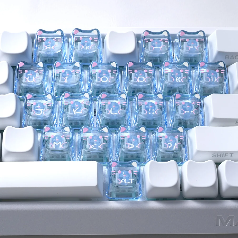 21 Keys Crystal Backlit DIY Cute Cat Heart-Shaped Transparent  PC Keycaps Mao Profile for MX Swithes Mechanical Keyboards