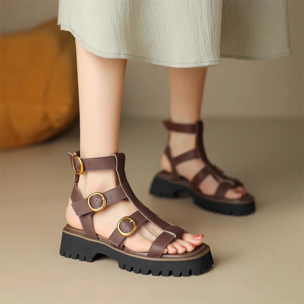 Taoffen New Genuine Cow Leather Sandals For Women Block Mid Heels Buckle Strap Roma Sandals Open Toe Retro Ankle Strap Shoes