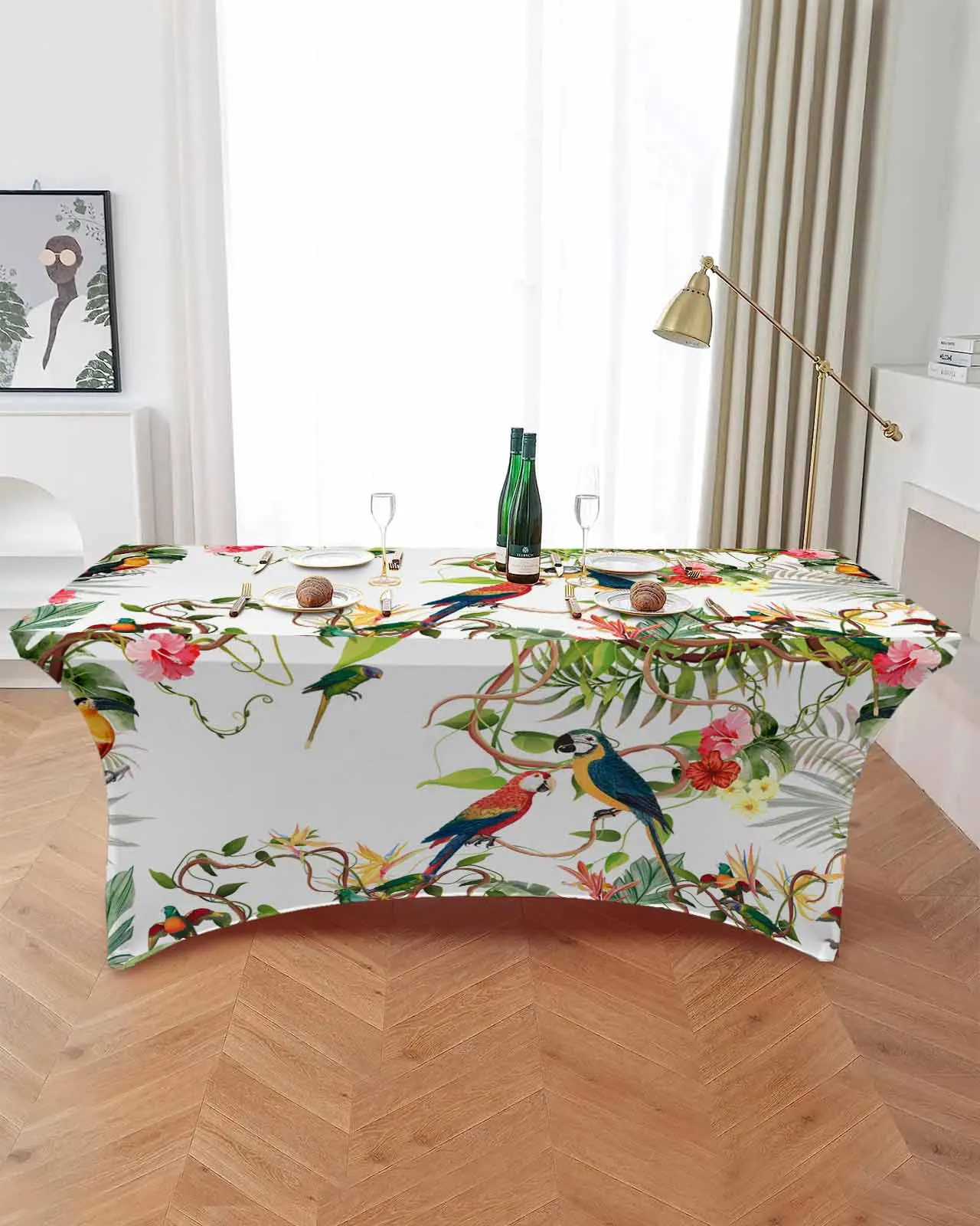 Tropical Leaves Parrot Flowers Elastic Table Skirt Wedding Hotel Birthday Table Cover Buffet Table Tablecloth Decor