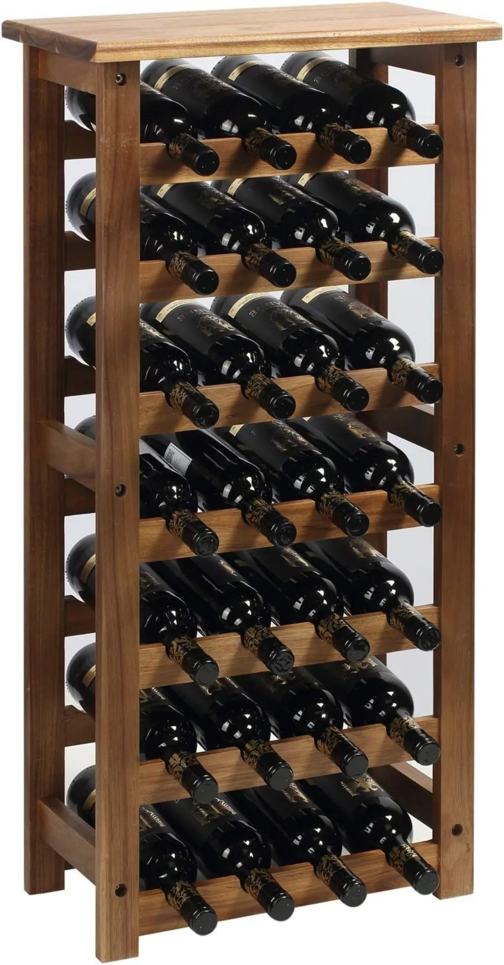 

7-Tier Wooden Wine Rack, Holds 28 Bottles, Natural Floor Storage for Kitchen or Cellar
