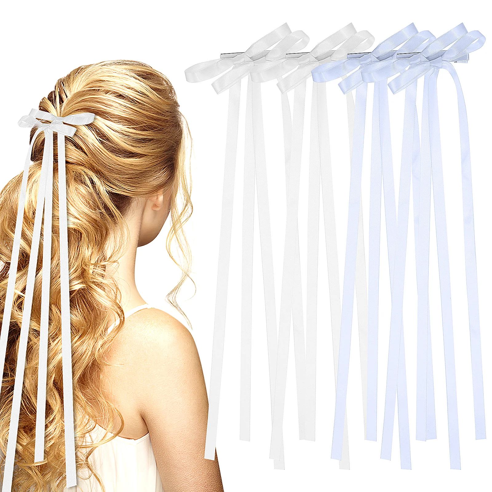 

4 Pcs Clip Ribbon Bows for Women Girls Soft Cloth Metal Clip Long Tail Thick Curly Hair Daily Party Wedding Dating Banquet