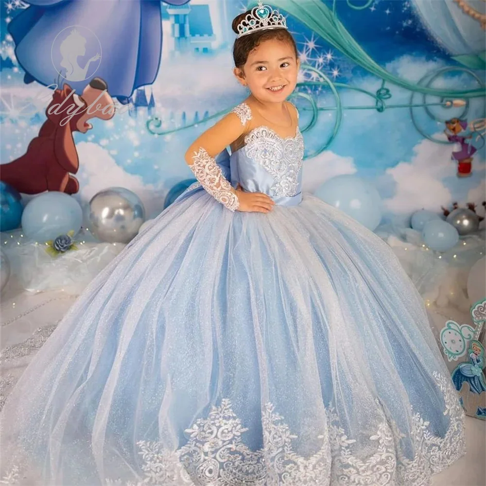 

Cute Sky Blue Flower Girl Dress For Wedding Applique Tulle Fluffy With Bow First Communion Evening Party Pageant Prom Ball Gowns