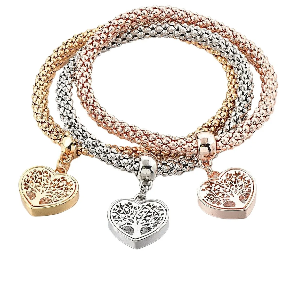 

3-Color Women's Fashion Elastic Corn Chain Heart Pendant Bracelet Set, Suitable for Date, Travel, Party, Festival Dress Gifts