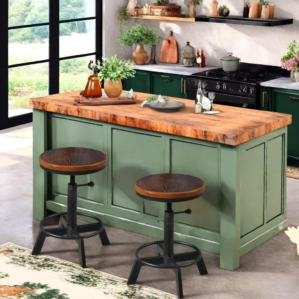 Taburetes de bar giratorios de estilo industrial - Asientos de madera rústica con altura de mostrador para isla de cocina - Altura ajustable de 17,7 a 24 pulgadas