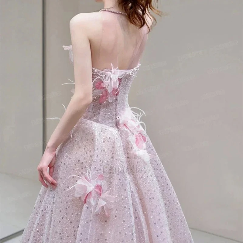 Illusion rose robes de demoiselle d'honneur perles douces perles appliques longues robes d'anniversaire exquise licou dos nu robe de soirée formelle