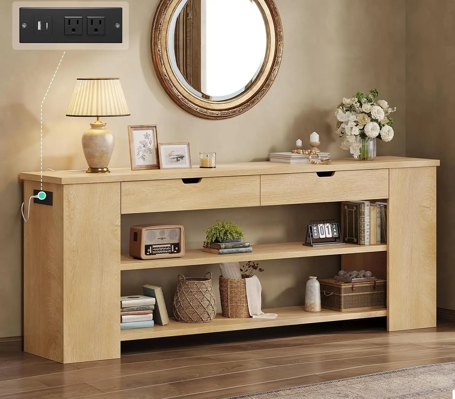 Extra Long Console Table with Drawers & Shelves, Built-in Outlets, Storage for Entryway Living Room, Natural Wood, Customized