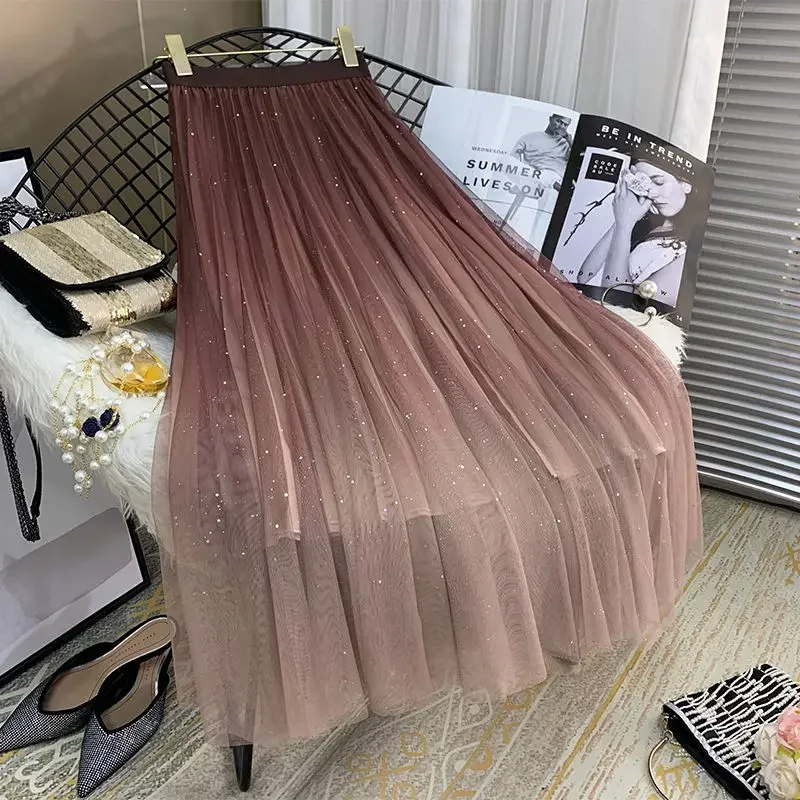 

2025 New Summer Gradient Blue Mesh Skirt Women Fashion Elastic Waist Ruched Skirts Y2k Mid-length All-match Womens Clothing