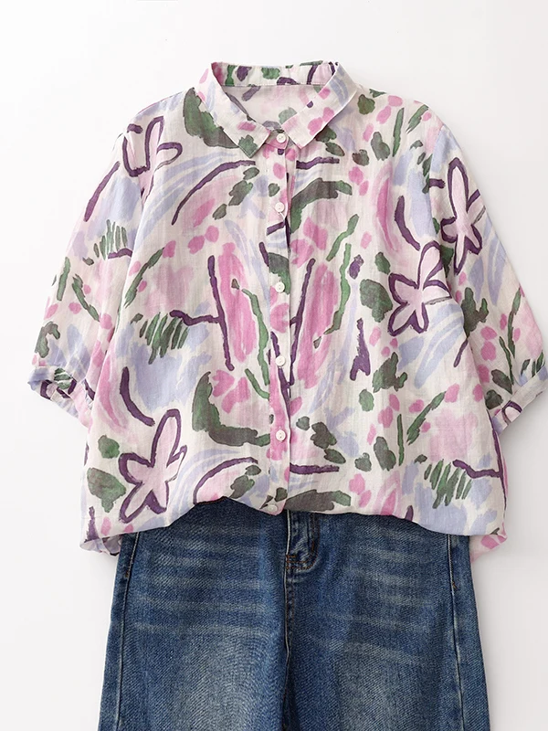 Retro Print Linen Cotton Blend Casual Thin ort Sve  Collar Open Cardigan Top for Women Summer 2025 Commute Sle