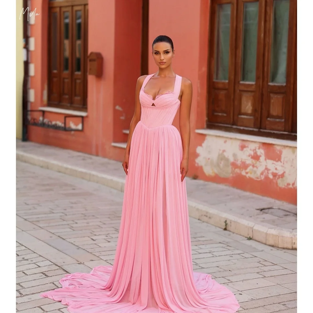 

Вечерние платья Mila Blush Pink с тонкими бретелями, плиссированные, из шифона, А-силуэт, со шлейфом, на заказ, для выпускного вечера, 2026