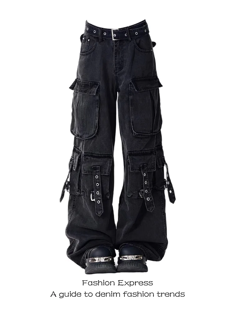 Jean Cargo rétro américain Y2k pour femmes, poches multiples, Vintage américain Gyaru des années 2000, esthétique Grunge, pantalon droit en Denim