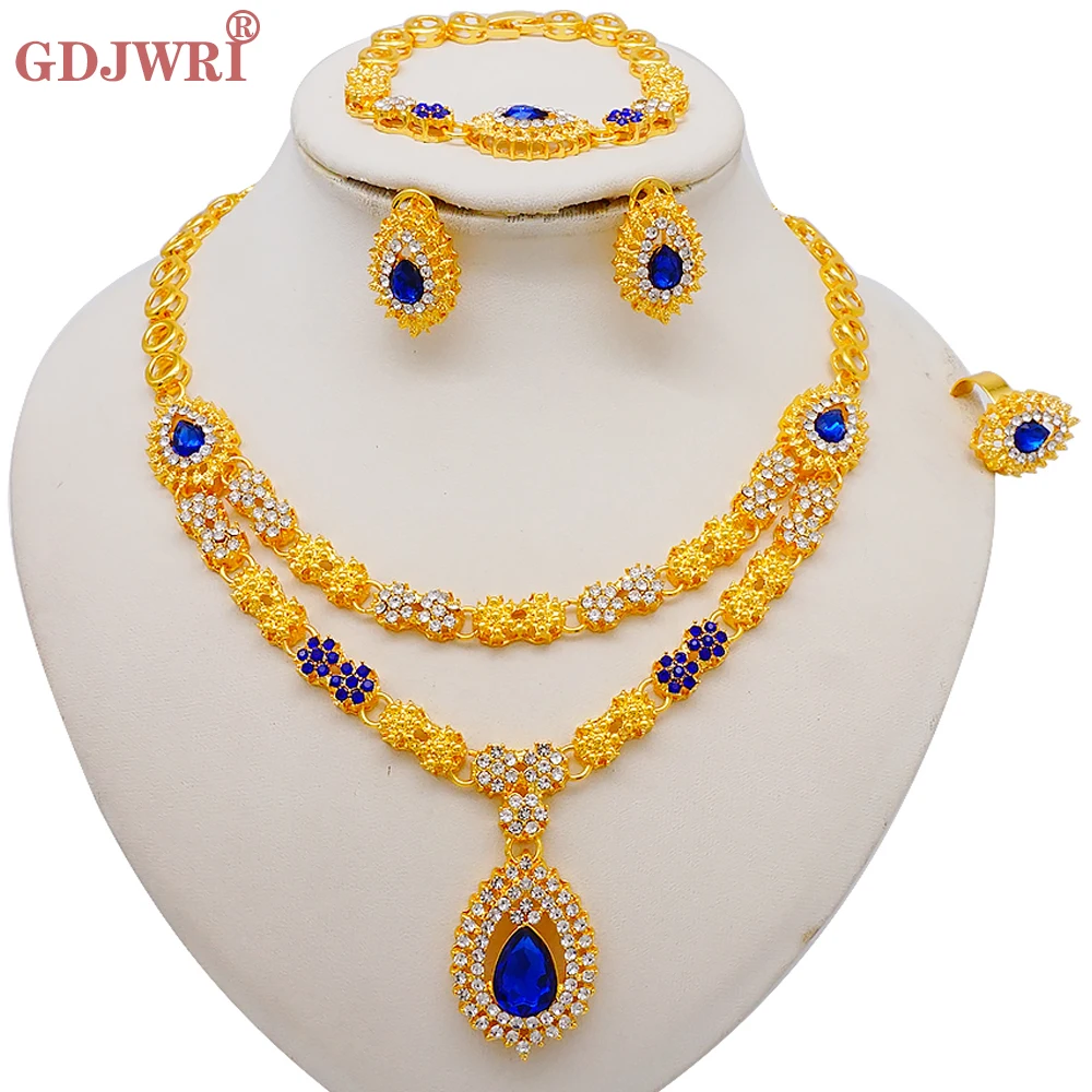 Luxury Dubai Gold Color Double Layered Necklace Jewelry Sets For Women African Water Drop Crystal Jewellery Indian Set Gifts