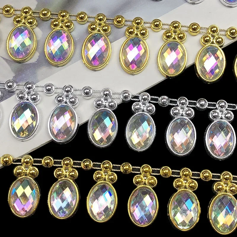 

9m Dai Ethnic Rhinestone Lace Gold Silver Shiny Iridescent Crystal Chain Lace Trim DIY Decorative Accessories for Clothing