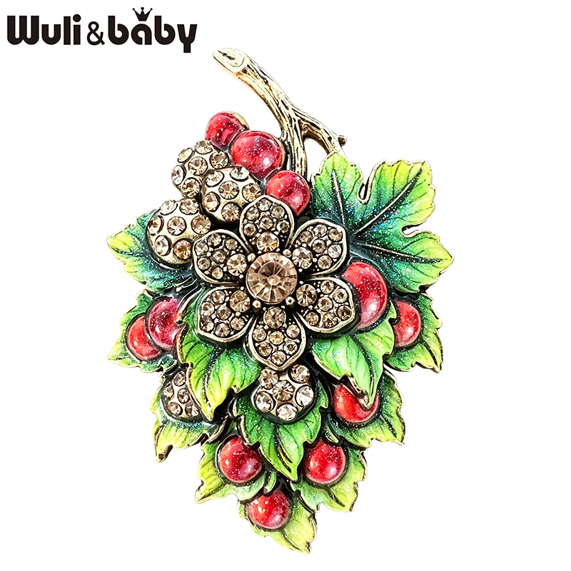 Wuli&baby Vintage Berry Flower Brooches For Women Unisex 4-color Rhinestone Red Black Currant Flowers Plants Office Brooch Pins