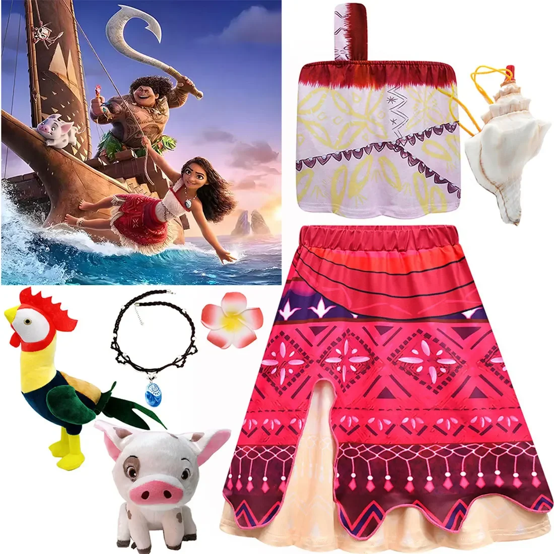 New Movies Moana 2 Disney Christmas Girls Cosplay Carnival Party Same Style Dress Vaiana Sling Shoulder Two Piece Set Dress