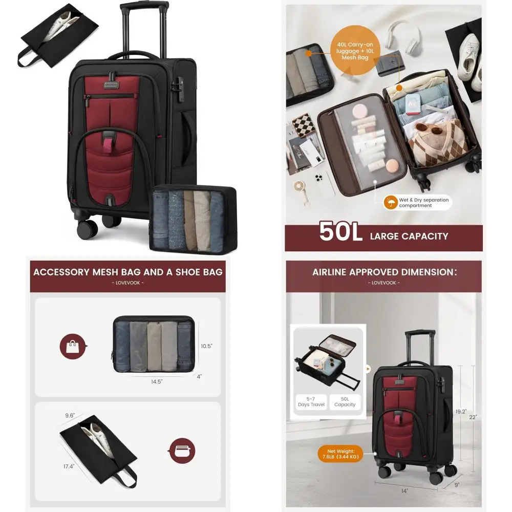 

Spinner Wheel Softside Carry-On Luggage 22x14x9, Airline Approved, TSA Lock, 22-Inch Suitcase for Traveler