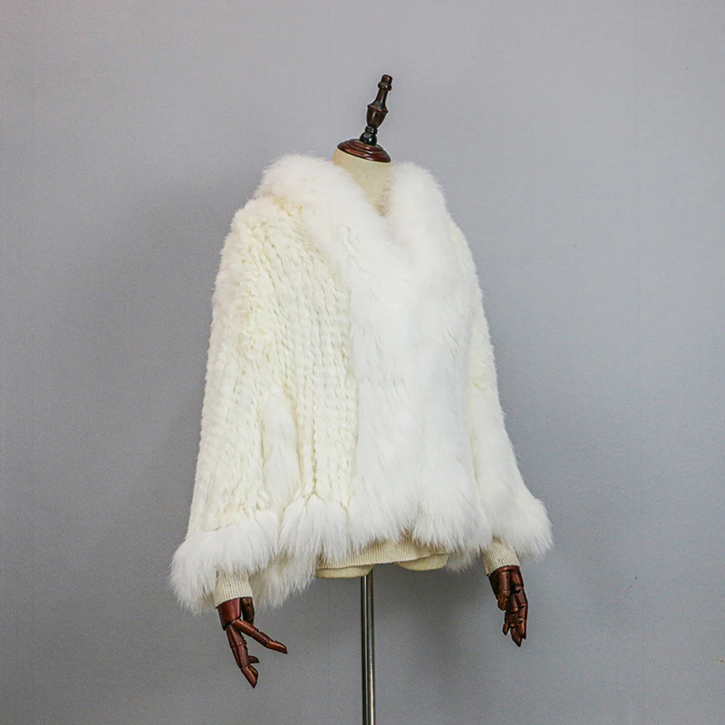 New Extra Long Real Genuine Natural Knitted Rabbit Fur Shawl Coat with Fox Fur Collar Women's Fashion Knit Jacket Cape