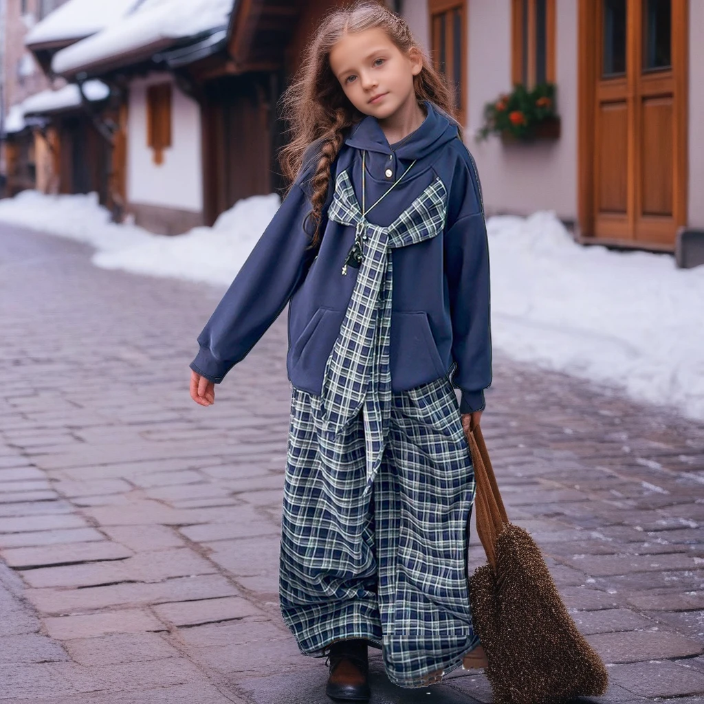 

Спортивная одежда для девочек, комплект с капюшоном на флисовой подкладке, клетчатый лоскутный пуловер, широкие брюки, зимний утепленный теплый спортивный костюм из 2 предметов для подростков