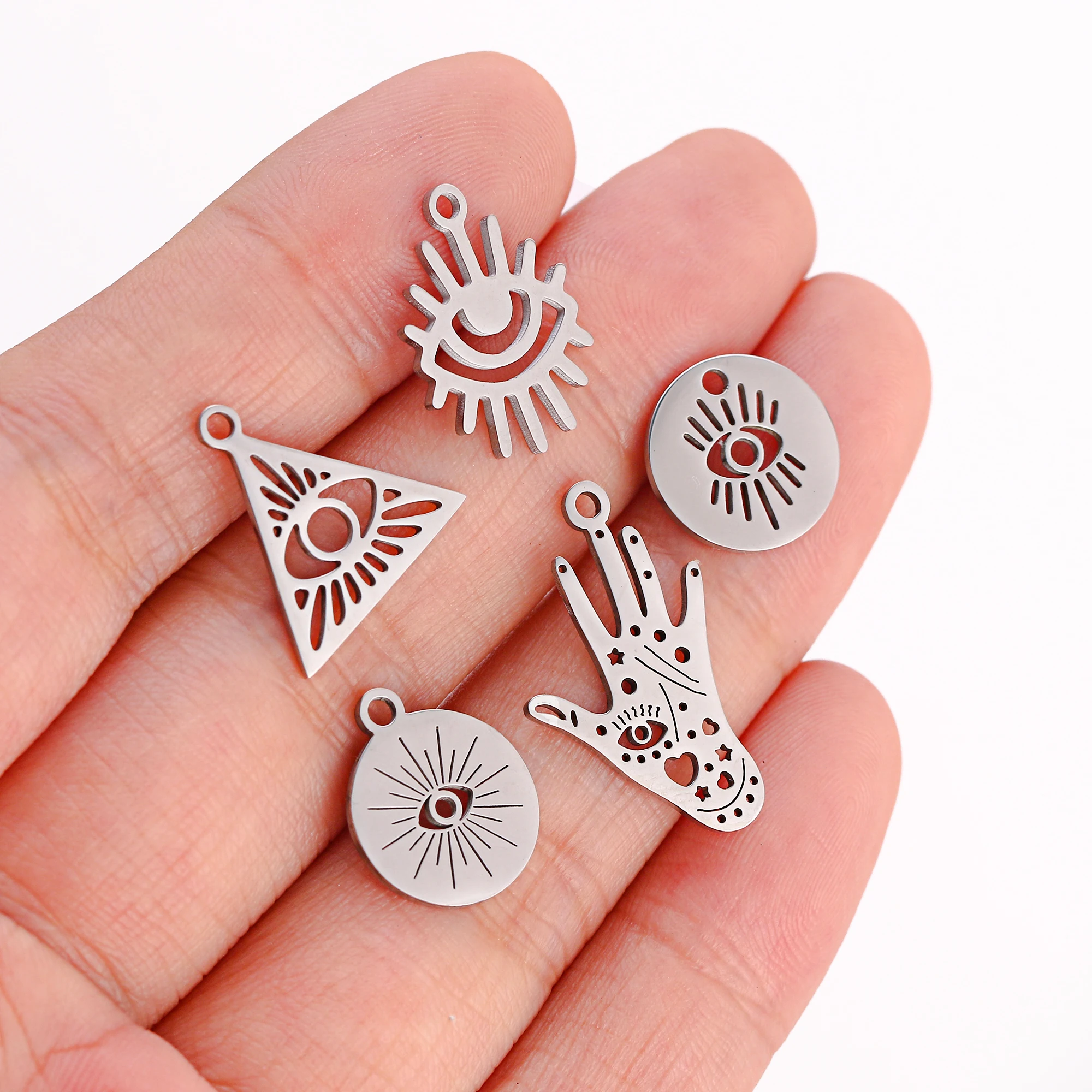 5Pcs/Lot Lucky Stainless Steel Evil Eye Pendants/Fatima Hand Charms for Bracelet Necklace Jewelry Making Diy Craft Dangle Charm