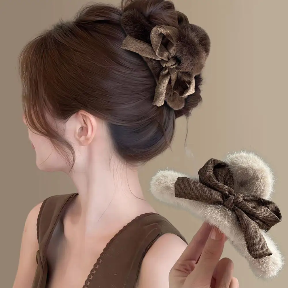 

Зимняя заколка для волос из искусственного меха для женщин, элегантная большая плюшевая заколка в виде акулы, заколка для волос, простой меховой бант, заколка для волос, головные уборы, когти для волос