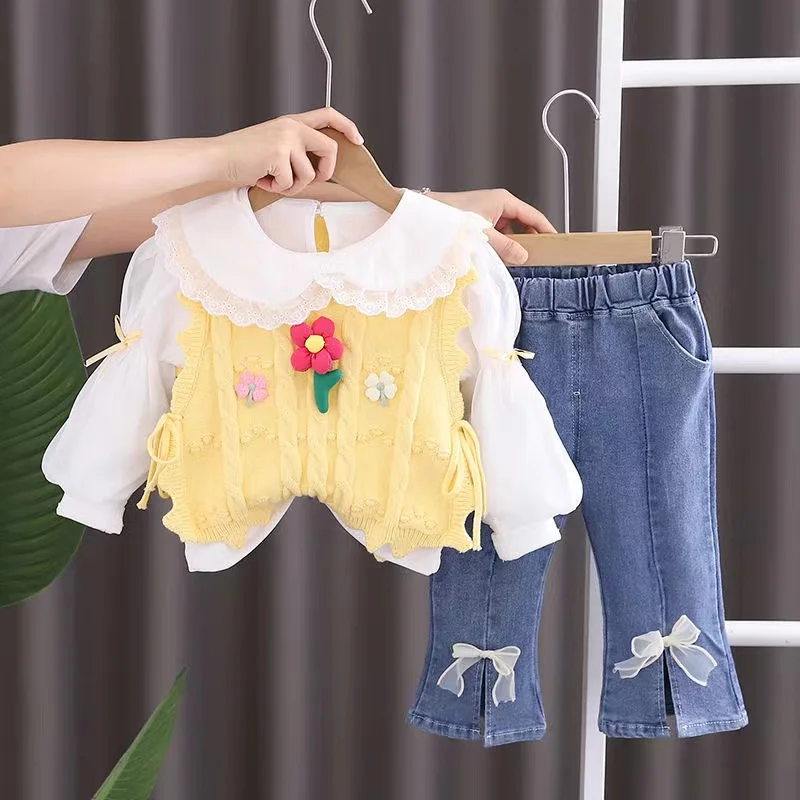 Autumn Children Girls 2Pcs Clothes Set Cotton Solid Sleeve Shirts Outfit Floral Denim Flared Pant Baby Girl Suits Kids Outfits