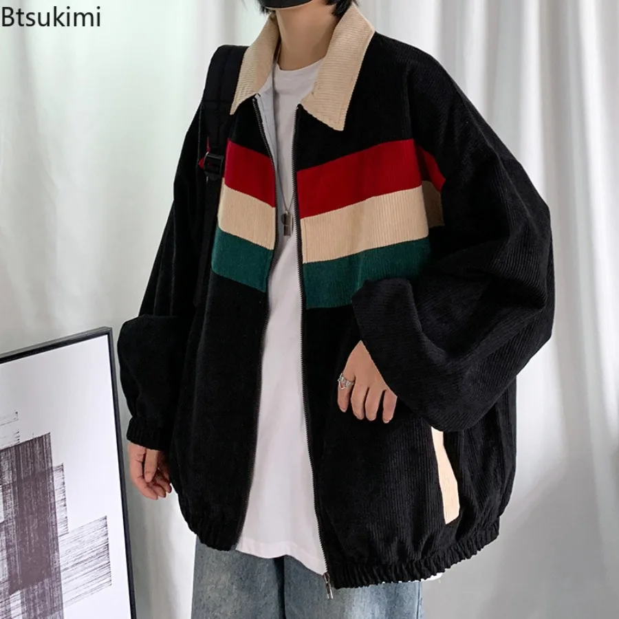Spring Autumn New Men's Corduroy Jackets Fashion Splice Contrast Color Design Korean Style Loose Casual Coats Men Bomber Jackets
