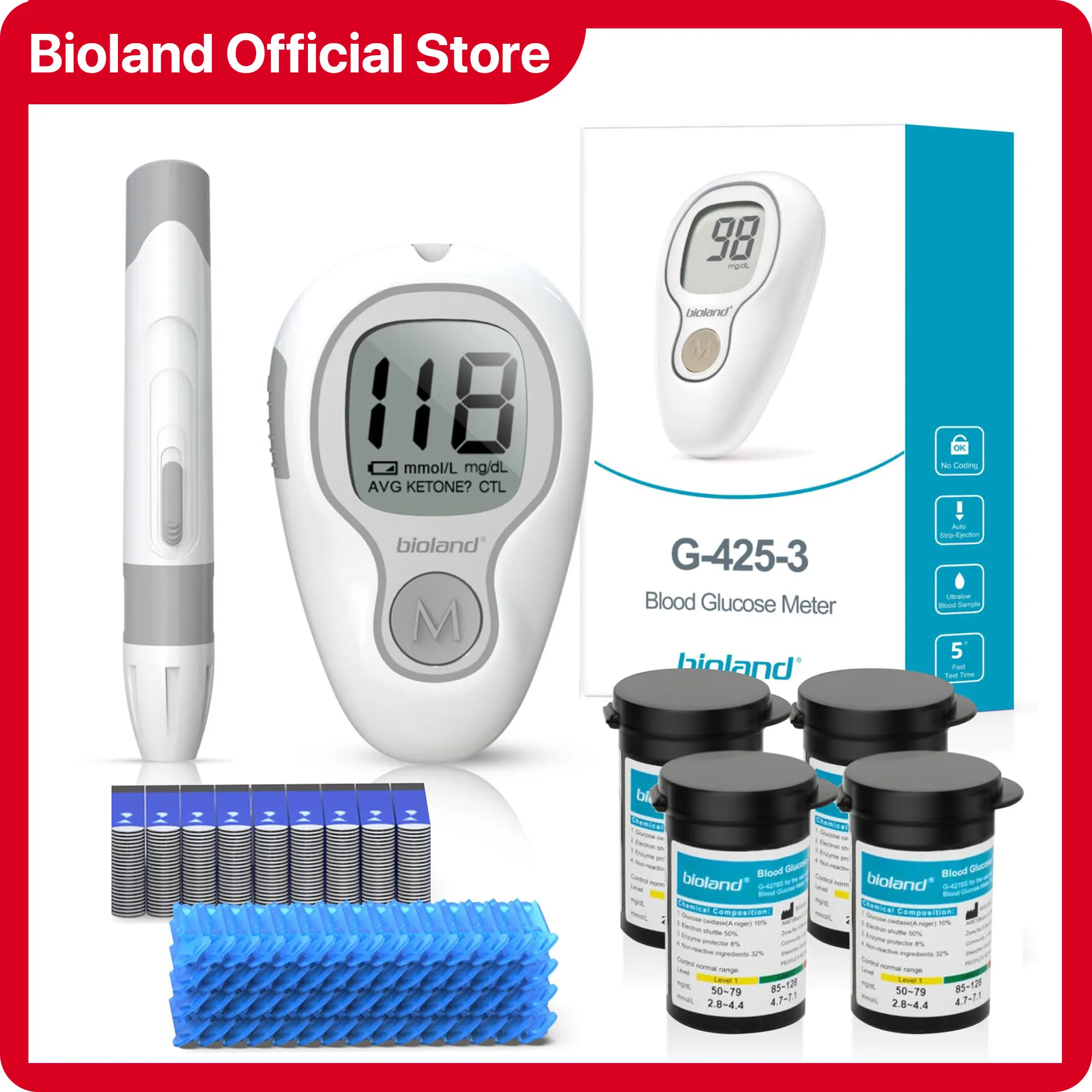 Blood Glucose Meter Glucometer Full Set Glucose Test Strips Medical Diabetes Blood Sugar Monitor Bioland G-425-3 Complete Kit