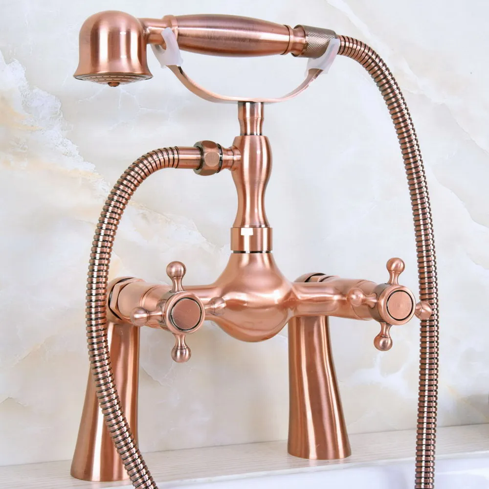 

Antique Red Copper Double Handle Deck Mounted Bathroom Bath Tub Faucet Set with 150CM Hand Held Shower Spray Mixer Tap 2na162