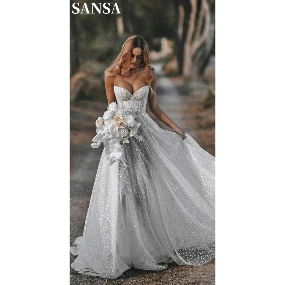 Sansa weiß Glitter A-Linie Party kleider boden lange Herzform Hals Abendkleid Pailletten ärmellose Vestidos de Fiestas 2024