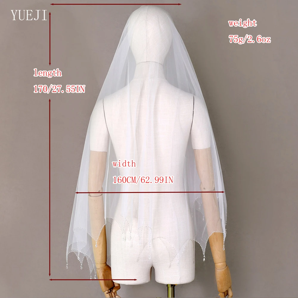 YUEJI-véu nupcial artesanal com gotas de cristal, borda recortada, tule, casamento próprio, branco, marfim, elegante, YJ218